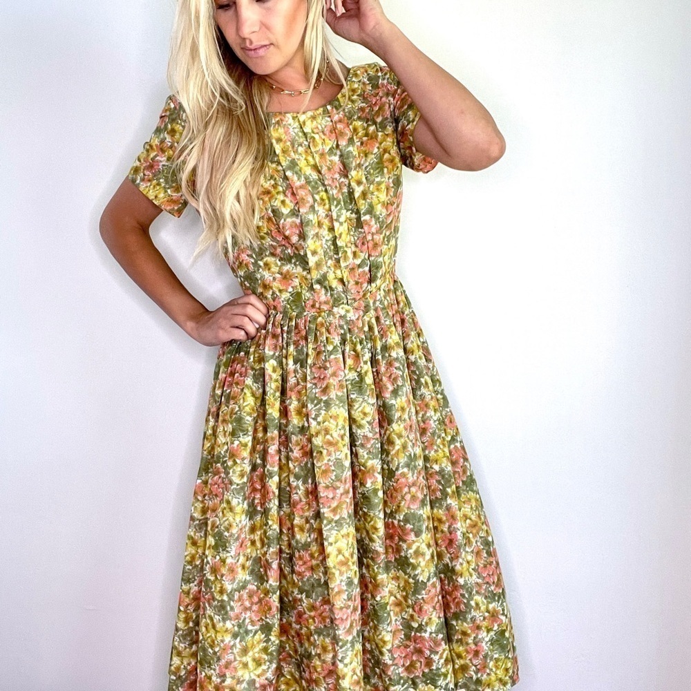 Vintage Yellow, Green, Pink Floral Dress